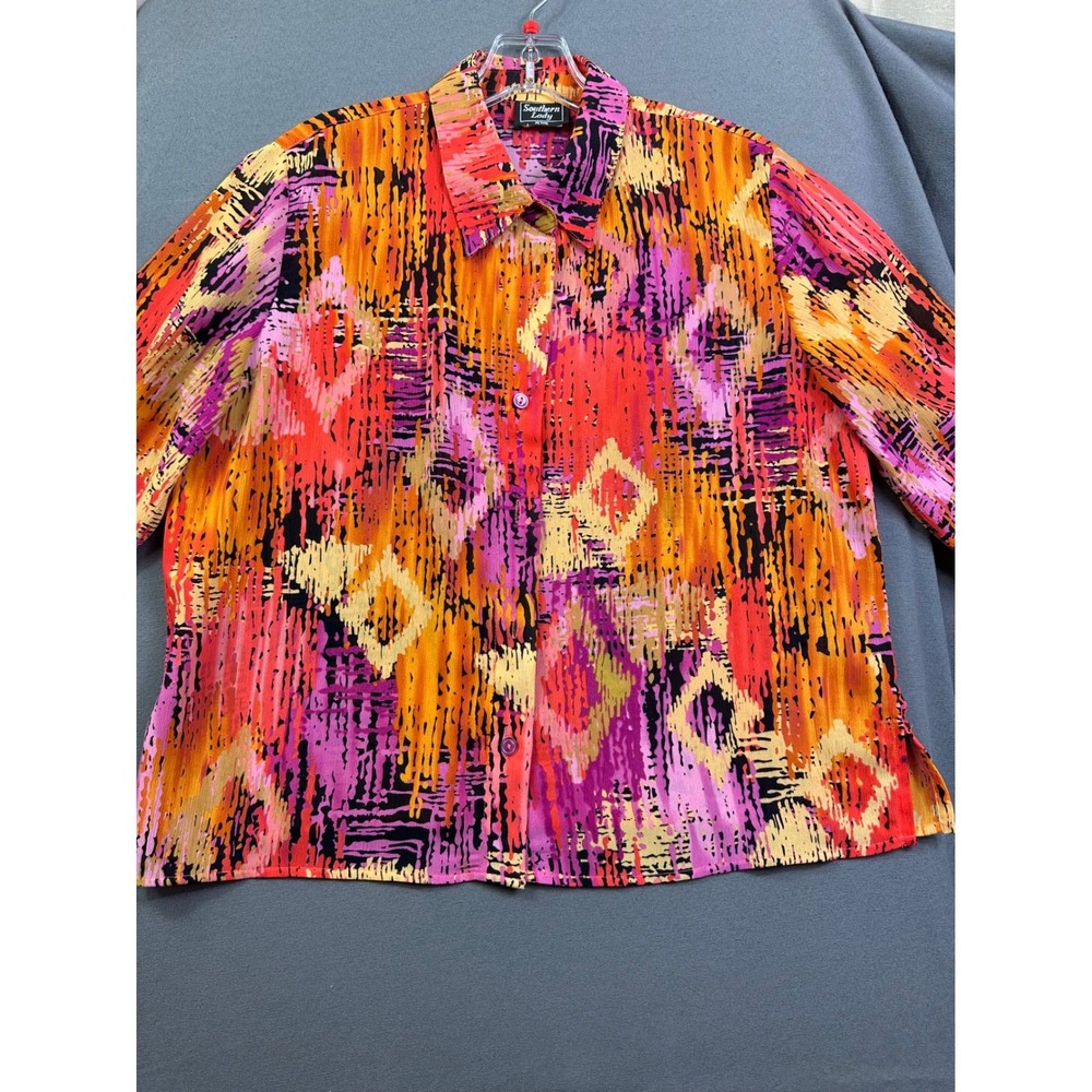 Southern Lady Women's Abstract Ikat Crinkle Button Up Blouse Orange Pink L Large
